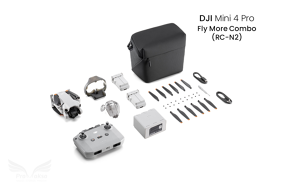 DJI Mini 4 Pro Fly More Combo dronas su DJI RC-N2 standartiniu valdymo pultu ir papildomais aksesuarais