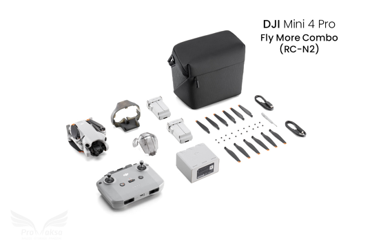 DJI Mini 4 Pro Fly More Combo dronas su DJI RC-N2 standartiniu valdymo pultu ir papildomais aksesuarais
